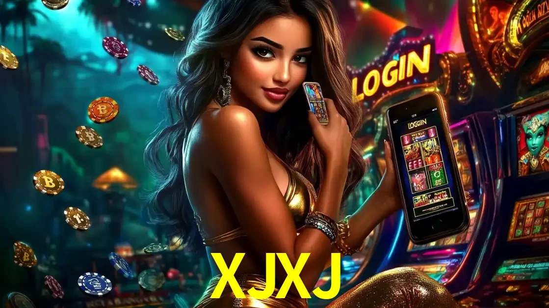 Mulher em um cenário de cassino temático de aventura, mostrando o app de caça-níqueis da XJXJ no celular. Fichas de apostas flutuam ao redor.