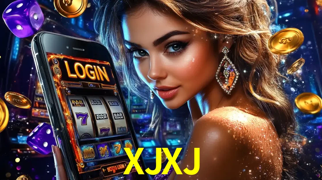 Mulher glamorosa segurando um smartphone com a tela de login para os jogos de caça-níqueis do cassino online XJXJ, com moedas de ouro e dados ao redor.