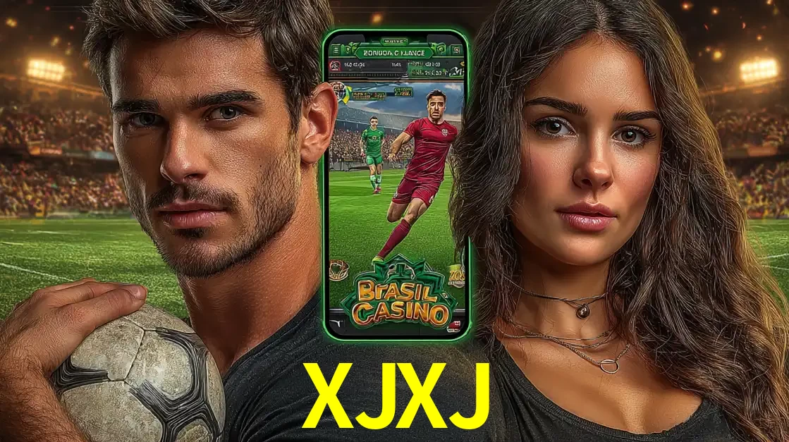 Homem segurando uma bola de futebol e uma mulher ao lado de um smartphone exibindo o jogo de apostas esportivas da XJXJ. Faça seu palpite no cassino online.