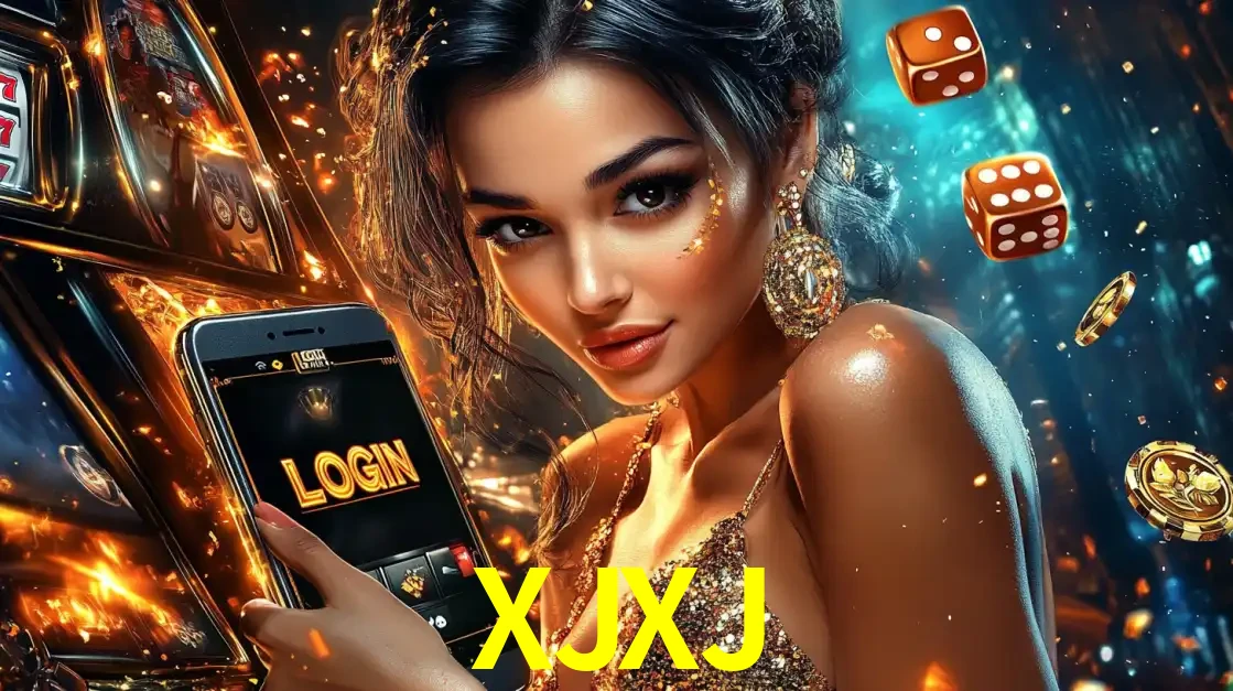 Mulher glamourosa segurando um celular com a tela de login do cassino XJXJ, rodeada por dados e moedas douradas, pronta para começar a diversão.