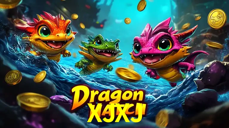 Arte promocional do jogo Dragon Hatch com três adoráveis dragões bebês nadando entre moedas de ouro, um dos slots mais divertidos para jogar no cassino XJXJ.