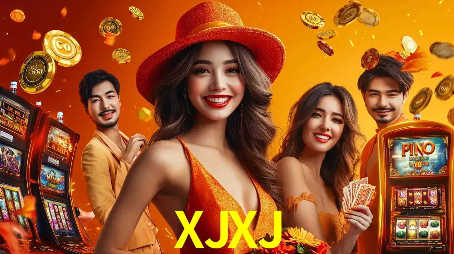 Grupo de amigos asiáticos sorrindo e se divertindo com máquinas de caça-níqueis em um ambiente festivo, celebrando suas vitórias nos jogos de cassino do XJXJ.