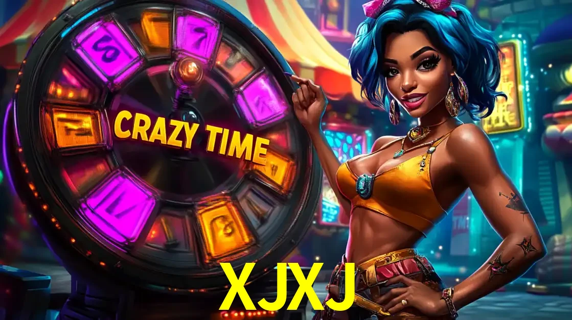 Mulher estilizada com cabelo azul e visual vibrante posando ao lado da roda de prêmios do game show Crazy Time, convidando para a diversão e os bônus do cassino XJXJ.