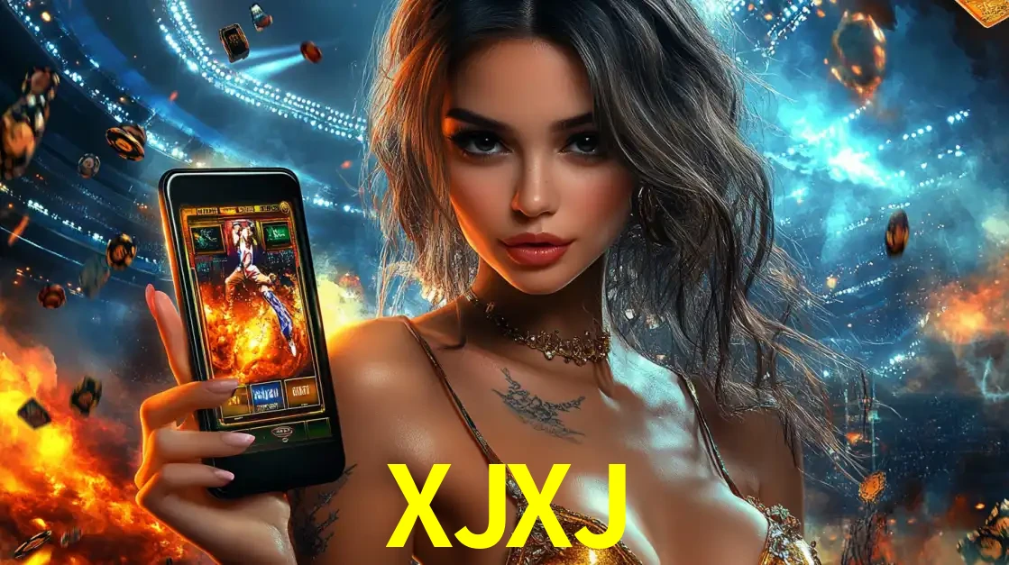 Mulher segurando um celular com um jogo de slot em destaque, tendo como fundo um estádio vibrante, simbolizando a emoção de jogar no cassino móvel XJXJ.